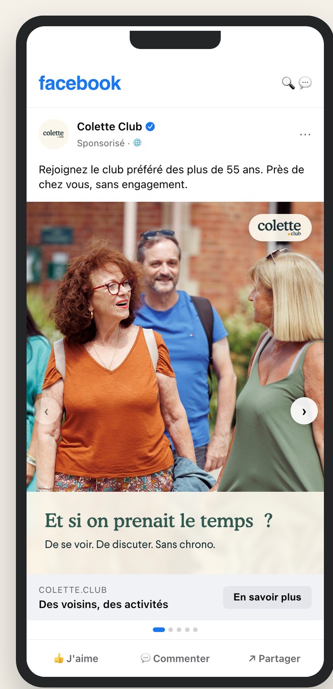 Carrousel Meta Colette, rendu façon fil Facebook sur mobile